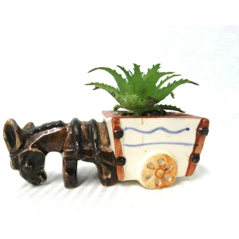 Vintage Burro Donkey with Cart Ceramic Planter Figurine Made In Occupied Japan
